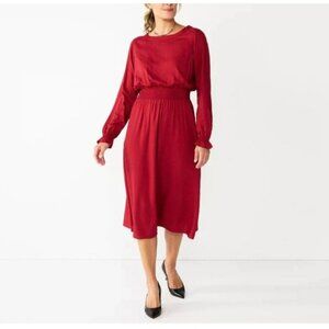 Croft & Barrow Red Midi Dress XL Empire Waist Long Sleeve Peasant Prarie Smocked